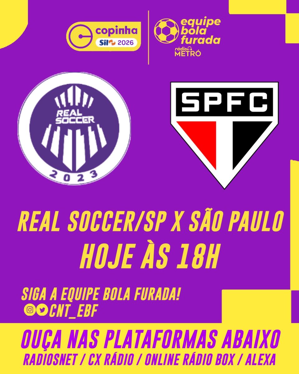 É SÁBADO E TEM MAIS COPINHA NA RÁDIO METRÓ!

Você vai acompanhar as emoções de Real Soccer/SP x São Paulo, não perca! A transmissão começa às 18h.

Interaja com a hashtag #CopinhaNaMetró, estaremos ligados!