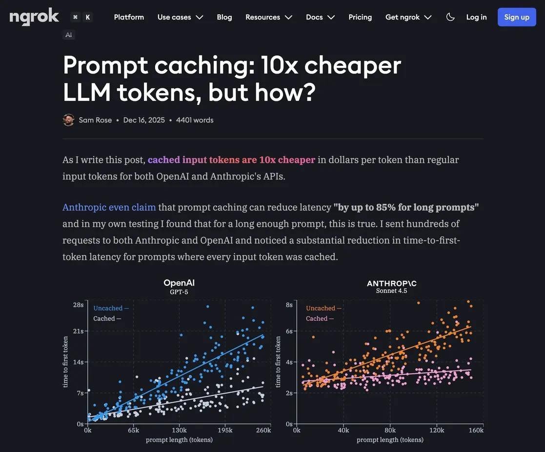 Brilliant post on prompt caching. 🤯

One of the most effective yet underutilized techniques for cutting LLM usage costs without sacrificing performance.  

If you’re building with LLMs at scale, this is a must-know optimization. 

 - ngrok.com/blog/prompt-ca…