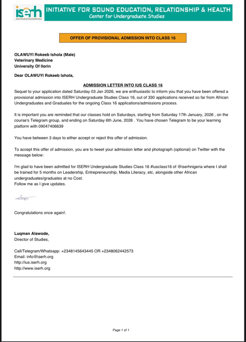Easy180134's tweet photo. I'm glad to have been admitted for ISERH Undergraduate Studies Class 16 #iusclass16 of @iserhnigeria where I shall be trained for 5 months on Leadership, Entrepreneurship, Media Literacy, etc, alongside other African undergraduates/graduates at no Cost. Follow me as I give update https://t.co/4yzLmOG2NR