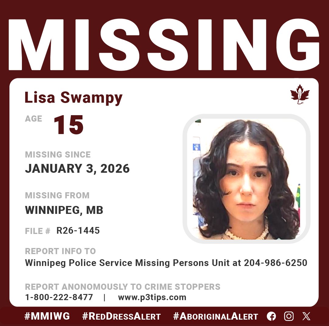AboriginalAlert's tweet image. Winnipeg Police Service is requesting the public’s assistance in locating a missing 15-year-old Lisa Swampy.

Lisa was last seen on January 3, 2026, in the 200 block of Whitegates Cr. of Winnipeg, Manitoba.  Lisa is described as:
EYES:  Brown   |     HAIR: Brown, curly
 HEIGHT:…