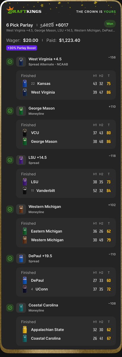 Just got off of work. Checked my parlay and bingo!