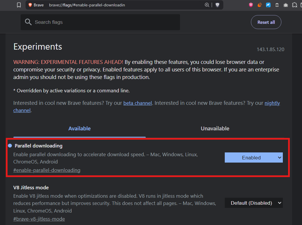 Ahmad_x07's tweet image. ادخلوا الرابط بالمتصفح، وفعّلوا الخيار اللي بالصورة.
وظيفته يزيد سرعة تحميل الملفات بالمتصفح بفارق جداً كبير.

الخيار هذا موجود بكل متصفحات كروميوم مثل كروم وبريف وايدج وغيرها.

chrome://flags/#enable-parallel-downloading