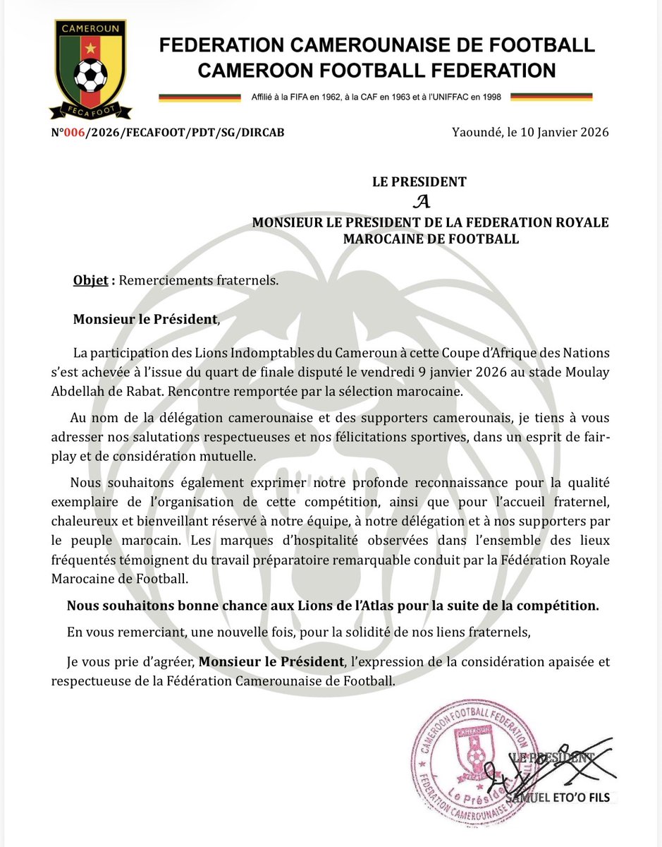 ActuFoot_'s tweet image. 𝗟𝗔 𝗚𝗥𝗔𝗡𝗗𝗘 𝗖𝗟𝗔𝗦𝗦𝗘 👏👏

La Fédération camerounaise 🇨🇲 a adressé un courrier à la Fédération marocaine 🇲🇦 pour la féliciter pour l'organisation de la #CAN2025.

La Fecafoot 🇨🇲 souhaite également bonne chance au Maroc 🇲🇦 pour la suite de la compétition. 👏

« Nous…
