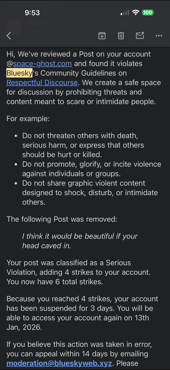 spaceghost's tweet image. Got suspended from Bluesky for three days for captioning this tweet “I think it would be beautiful if your head caved in”. 

The streets really said “you’re too feral for civilized society, back to the Nazi website”