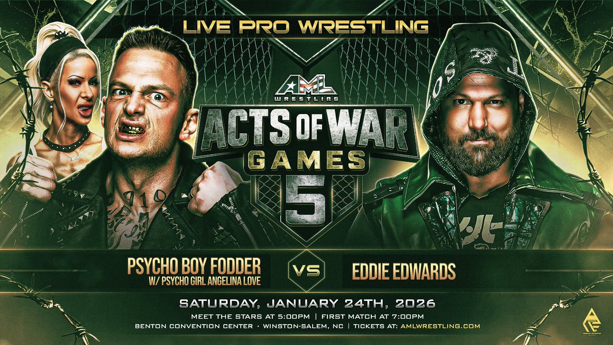 🚨 See Psycho Boy Fodder with Psycho Girl Angelina Love vs Eddie Edwards 

#AMLWrestling

🗓️ 1/24/26
⏰ Meet The Stars at 5pm
First Match at 7pm
🧭 Benton Convention Center
Winston-Salem, NC 

Tickets at AMLWrestling.com