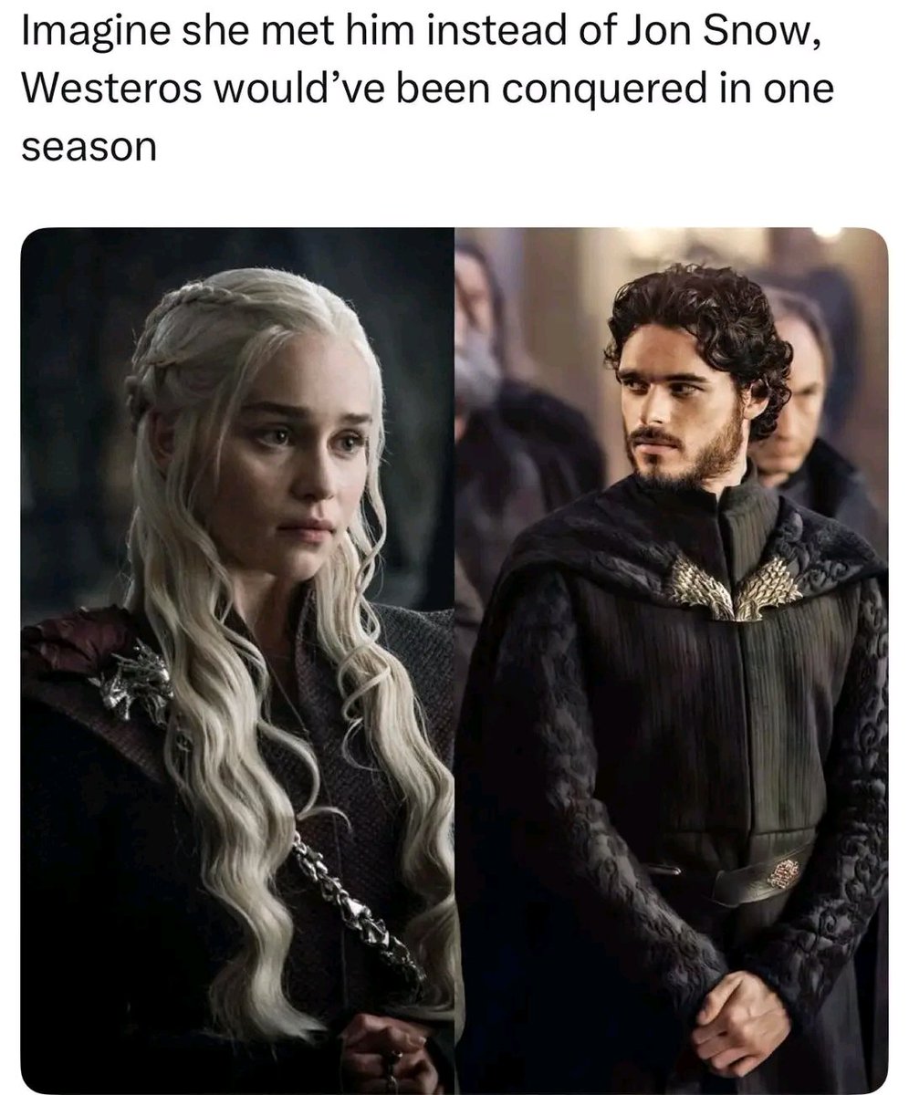 JSamwise's tweet image. A union between Daenerys Targaryen and Robb Stark would have forged an unstoppable alliance, merging the raw power of her dragons with his flawless battlefield strategy.

Together, they likely would have dismantled the Lannister regime and unified the Seven Kingdoms long before…