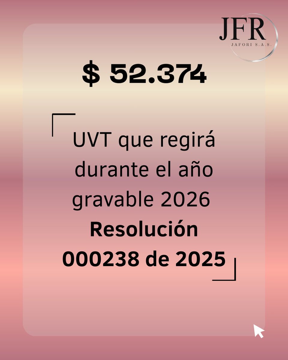 Jaforisas's tweet photo. 📊 UVT 2026 en Colombia
La DIAN ya definió el valor de la UVT para el año gravable 2026 y con ella cambian topes, sanciones y obligaciones tributarias.  #Jafori #colombia #contabilidad #empresascolombia #impuestos https://t.co/U8WrpO6Xjg