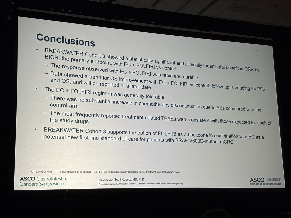 jgong15's tweet image. @skopetz PhIII BREAKWATER Cohort 3 final analysis of #1L FOLFIRI +/- EC in #BRAFV600E MT #mCRC 64% vs 39.2%, trend in OS in favor of FOLFIRI + EC, 4% G5 AE vs 1.4% in control (note irino was 180 mg/m2), no diff in tx discontinuation 

@OncoAlert #GI26 @ronanhsieh