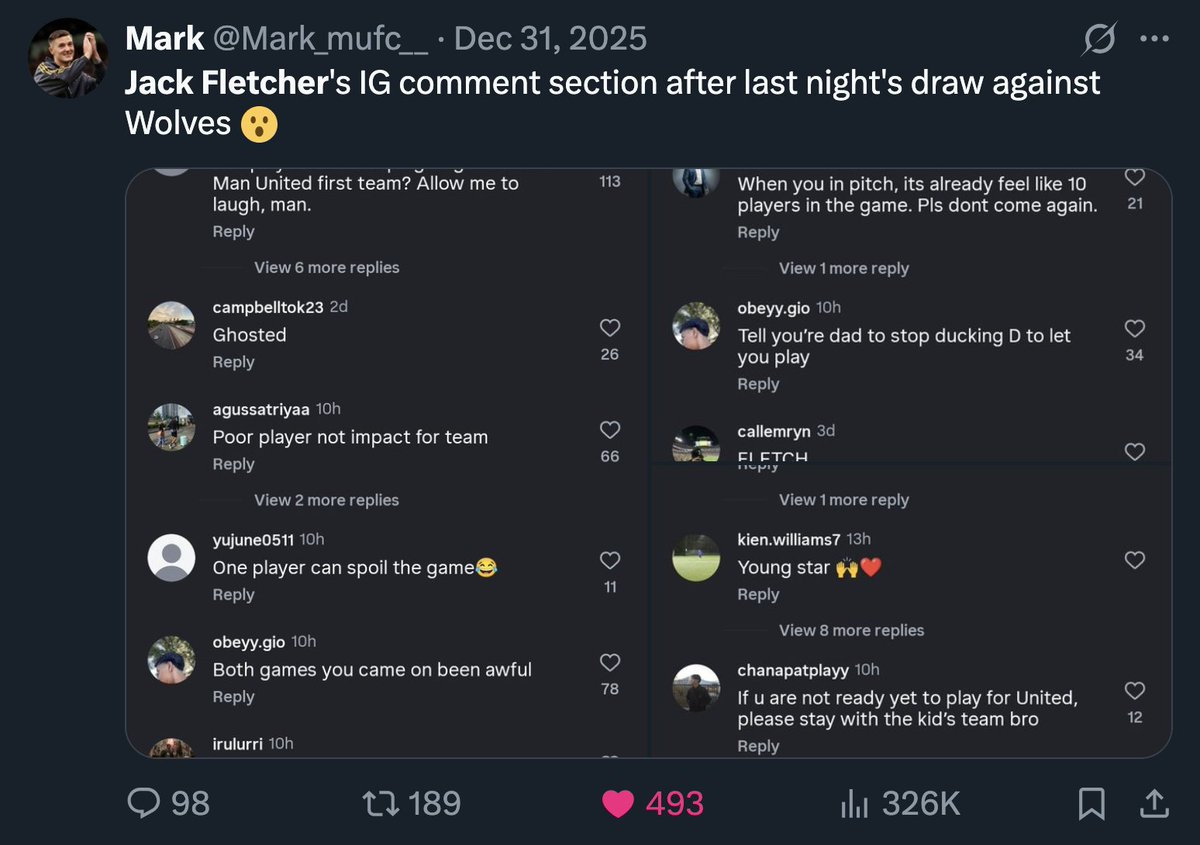 AdamJoseph's tweet image. Jack Fletcher was abused after two sub appearances. Bendito Mantato had to turn off comments because of the abuse. Kobbie Mainoo is abused no matter what he does. Shea Lacey was abused for smiling.

Yet these 'fans' doing all that claim to be Manchester United fans. Disgraceful.