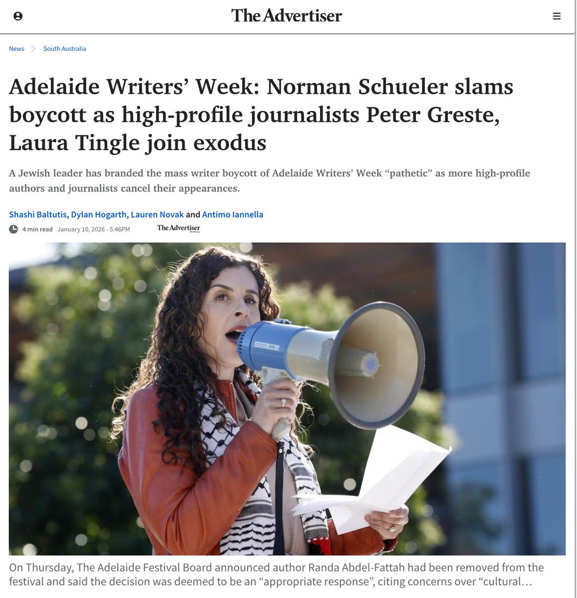 AltMediaWatch's tweet image. The Jewish Community group leader who demanded the Adelaide Writers’ Week remove author Dr Randa Abdel-Fattah is now upset that other writers are boycotting the event in solidarity.