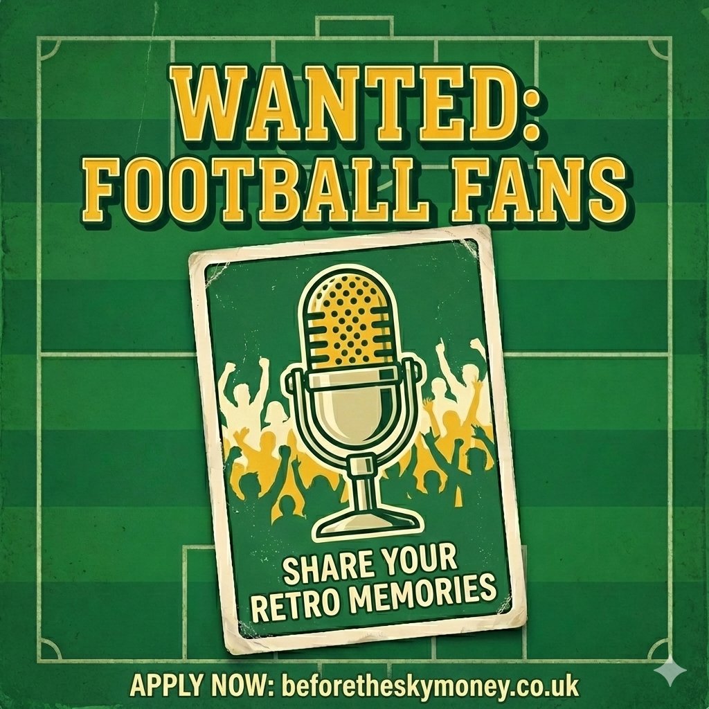 B4TheSkyMoney's tweet image. WANTED: Proper football fans! 📢

Want to talk cult heroes, classic kits, and memories from the 70s-90s? Come on the show and face the 'Panini 10' stoppage-time challenge. 📖

Step up to the mic: beforetheskymoney.co.uk

#FootballPodcast #90sFootball #80sFootball #Rovers