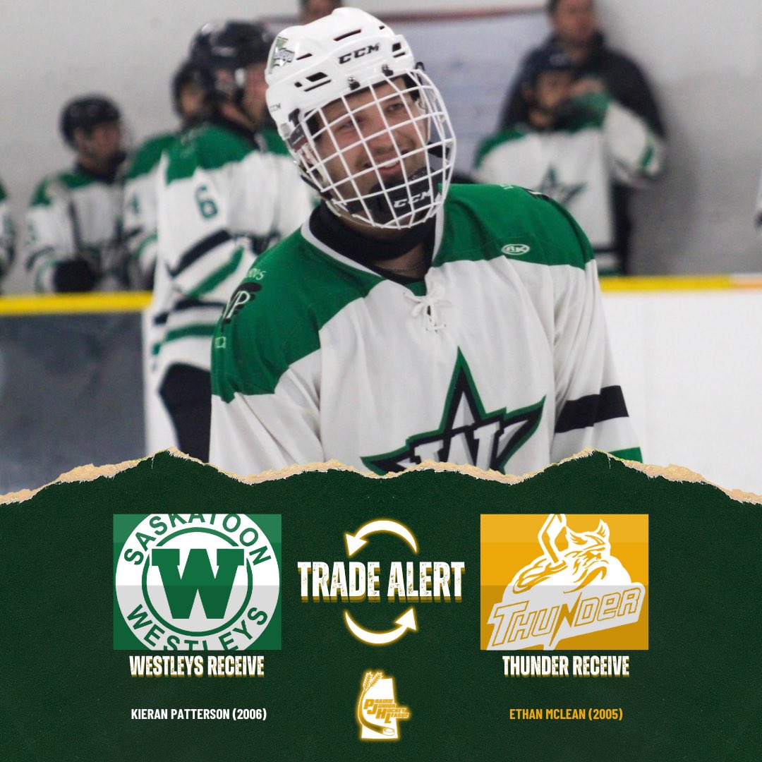 🚨 TRADE 🚨

The Saskatoon #Westleys have acquired 2006 Forward Kieran Patterson from the Carrot River #OutbackThunder in exchange for 2005 Forward Ethan McLean.

#PJHL | #Saskatchewan | #JuniorHockey