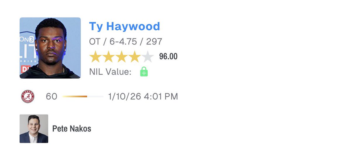 RecruitsBama's tweet image. 𝗣𝗥𝗘𝗗𝗜𝗖𝗧𝗜𝗢𝗡: Michigan transfer OT Ty Haywood has been predicted to Alabama by Pete Nakos

He is currently in Tuscaloosa for a visit

Haywood flipped his commitment from the Crimson Tide to the Wolverines as a recruit