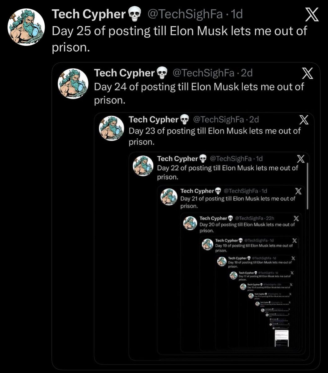 TechSighFa's tweet image. Day 26 of posting till Elon Musk lets me out of prison.