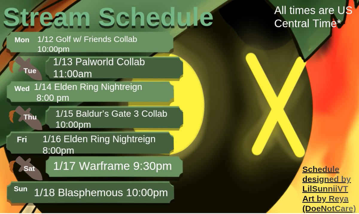 Stream schedule for 1/12 - 1/18 
Monday Collab w/ <a href="/Cxkey_Alienz/">Cakey | 『V✦F』 | VGen comms Open!!</a> 
Tuesday Collab w/ <a href="/DoeNotCare/">Reya Thorne</a> &amp; <a href="/HanaKokka/">Hana Kokka 🌸💾 - Quokka/Hybrid VT Deb 6/6/26</a> 
Thursday Collab w/ <a href="/AberrationRetro/">Retro-Aberration</a> , <a href="/DandyLionVT/">Dan</a> &amp; <a href="/LooneyGoblin/">Looney Goblin</a> 
With potential guests on Wednesday and Friday (<a href="/Gaming_Peach04/">Gaming_Peach04</a> and her lovely community)
See you then