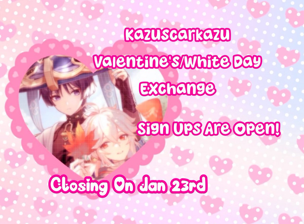 Sign ups are now open!!

We are excited to announce that our Kazuscara/Scarakazu Valentine’s Day and White Day exchange is here!

Please fill out the form below if you’d like to participate. When it closes on January 23rd, we’ll reach out with assignments!
forms.gle/7h2ShjS3TfzmsF…
