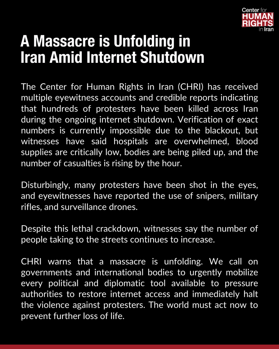 ICHRI's tweet image. A massacre is unfolding in Iran. The world must act now to prevent further loss of life.