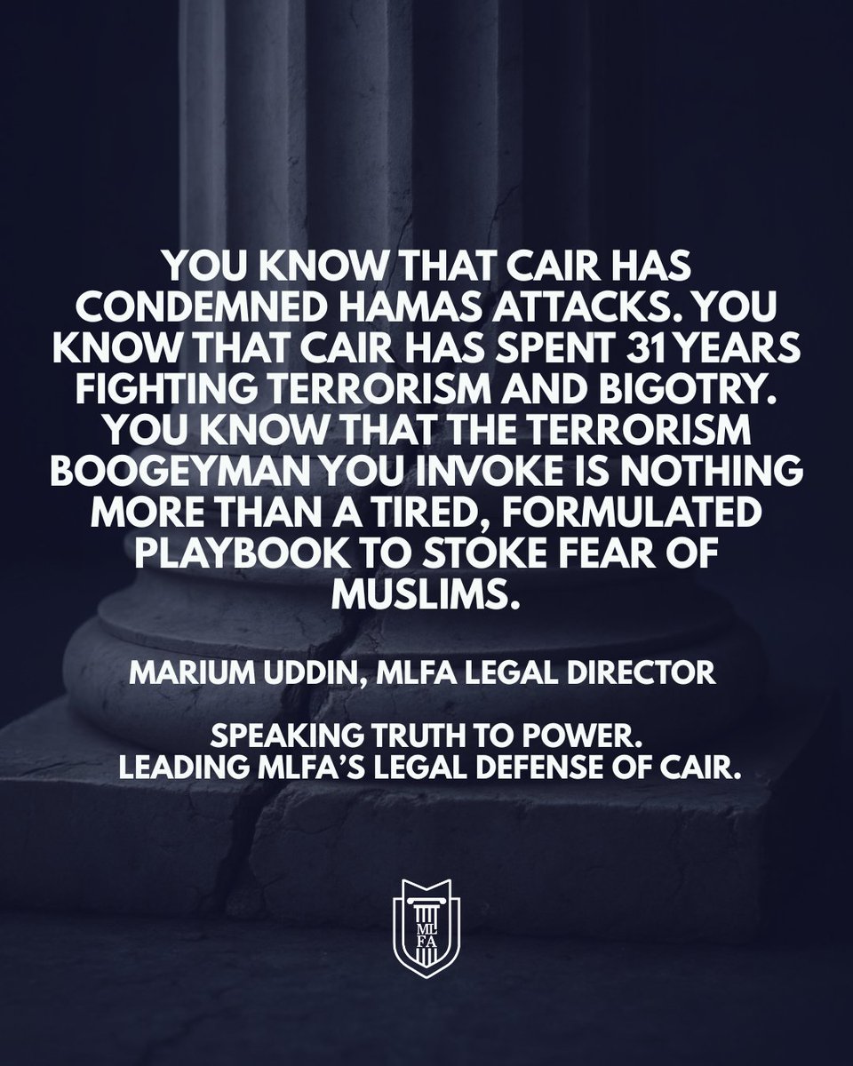MLFA's tweet image. That is exactly why MLFA filed this lawsuit.

We are defending CAIR because civil rights organizations cannot be intimidated into silence, and governors do not get to invent terrorists to score political points.