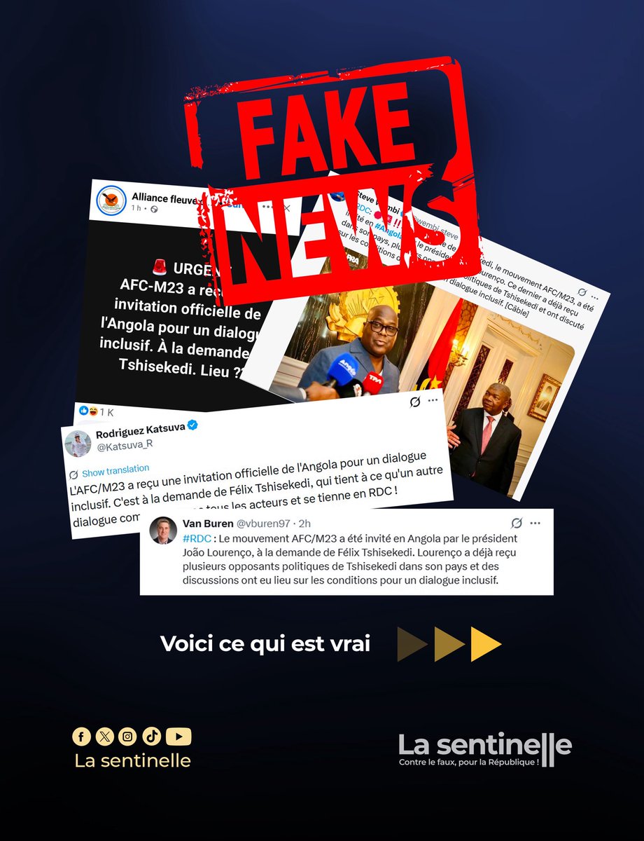sentinellecongo's tweet image. Contrairement aux rumeurs, l’AFC/M23 n’a pas été invité à Luanda à la demande du Président Félix Tshisekedi.❌

Il s’agit d’une initiative diplomatique du Président angolais João Lourenço, en sa qualité de Président en exercice de l’Union Africaine, animé par son attachement à la…