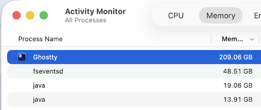 AmyLeeCodes's tweet photo. @mitchellh Very exciting! I was running 3 Claude Code instances for a couple of weeks without restarting Ghostty and it managed to sneak up to this level for me yesterday. I noticed it after my computer started hanging. 😂

Thanks for all the work you do! https://t.co/0VfhTXPjpP