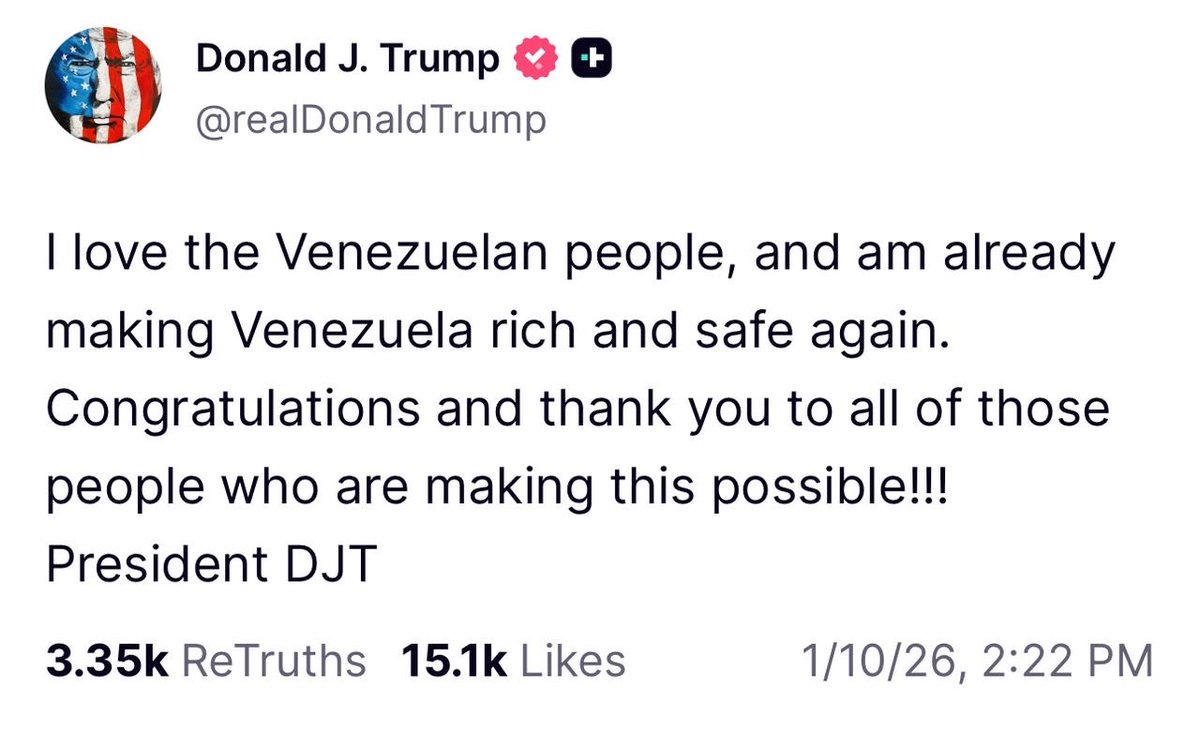 Amo al pueblo venezolano y ya estoy haciendo que Venezuela vuelva a ser rica y segura.
¡Felicitaciones y gracias a todas las personas que están haciendo esto posible!
Presidente DJT