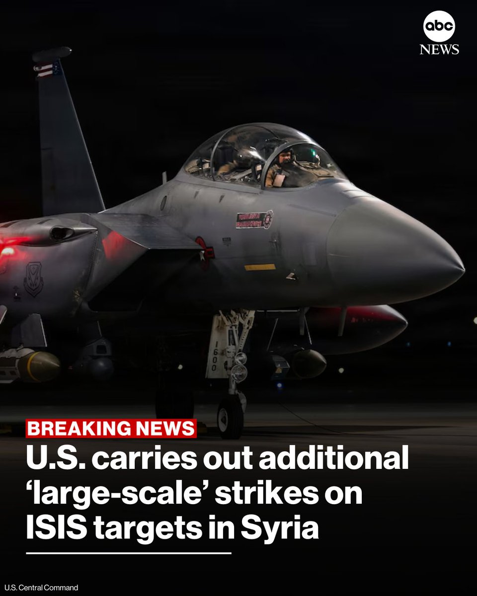 ABC's tweet image. BREAKING: The U.S. military carried out an additional round of what it called "large-scale strikes" against multiple ISIS targets in Syria — in response to an attack last month that killed three Americans.  abcnews.visitlink.me/mxW6_M
