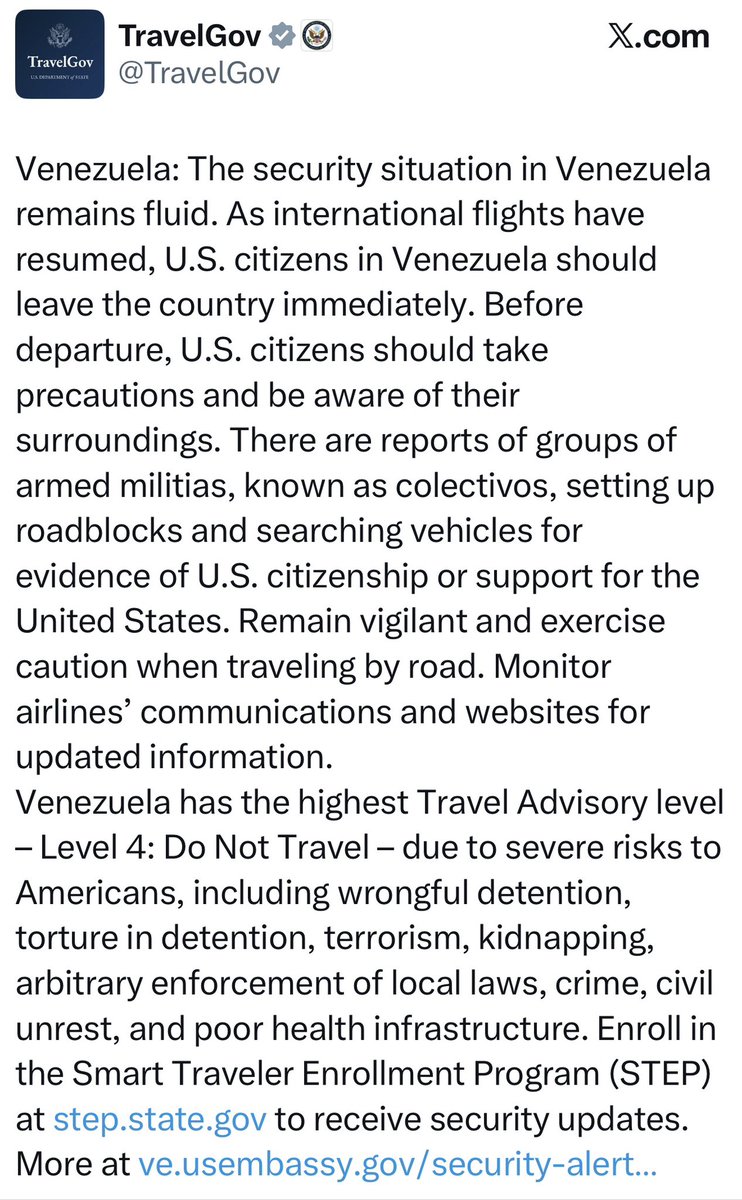🚨 #ALERTA | Estados Unidos pide a sus ciudadanos que abandonen Venezuela inmediatamente.
