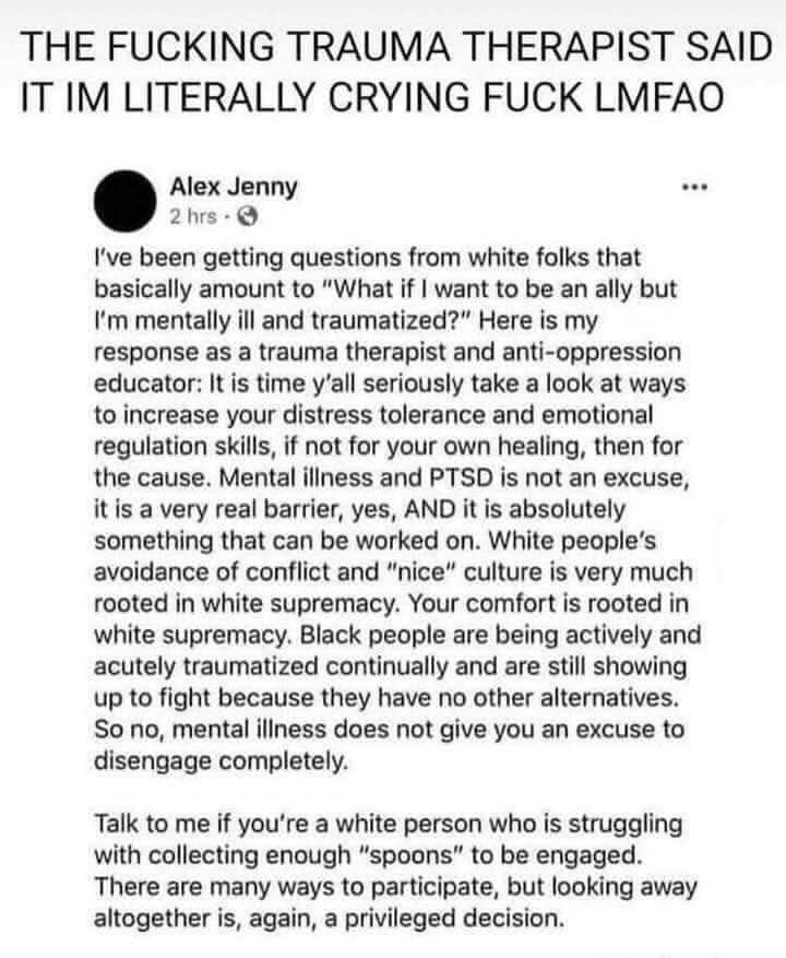 talyaTheeEnby's tweet image. Atp I either check out or go off when yt folks start talking about their capacity for the trauma of state violence. Joy as resistance is primarily for those of us whose joy is actively suppressed.