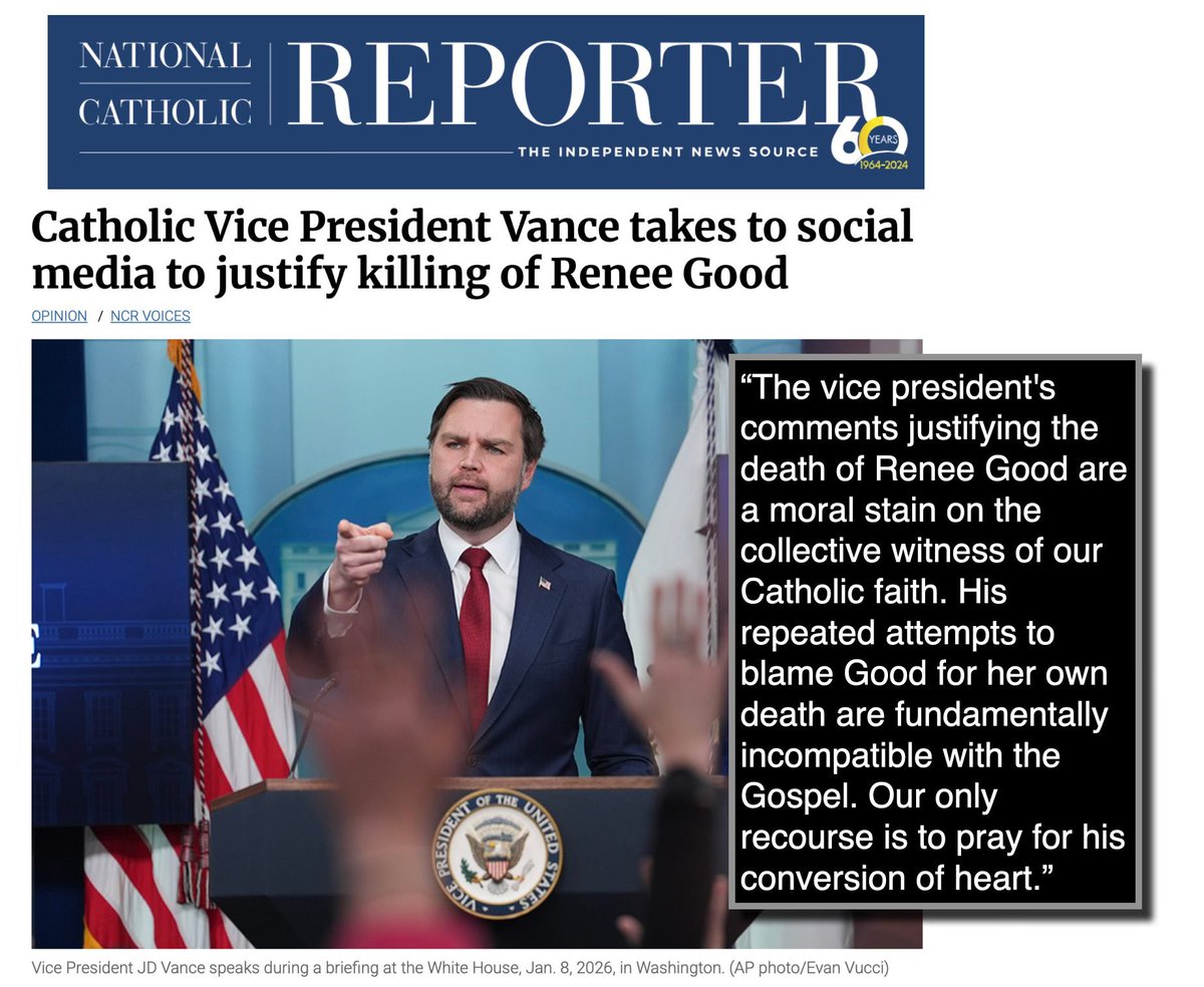 EgioVictor's tweet photo. La prensa católica estadounidense machaca a JD Vance‼️

“Los comentarios del vicepresidente justificando la muerte de Renee Good constituyen una mancha moral en el testimonio colectivo de nuestra fe católica. Sus repetidos intentos de culpar a Good por su propia muerte son fundamentalmente incompatibles con el Evangelio”

Un ultraderechista no puede ser nunca un buen cristiano. En todo caso un hipócrita fariseo como Vance, Abascal, Ignacio Arsuaga, Kast o Bolsonaro.