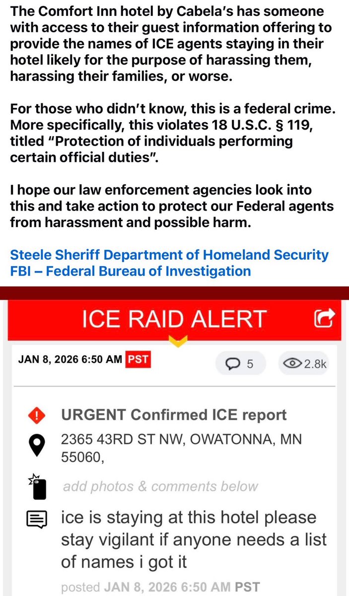 libsoftiktok's tweet image. A hotel employee for Comfort Inn is offering to DOX ICE agents who are staying in the hotel.

Comfort Inn is part of @ChoiceHotels.

Choice Hotels must immediately investigate and fire the employee.