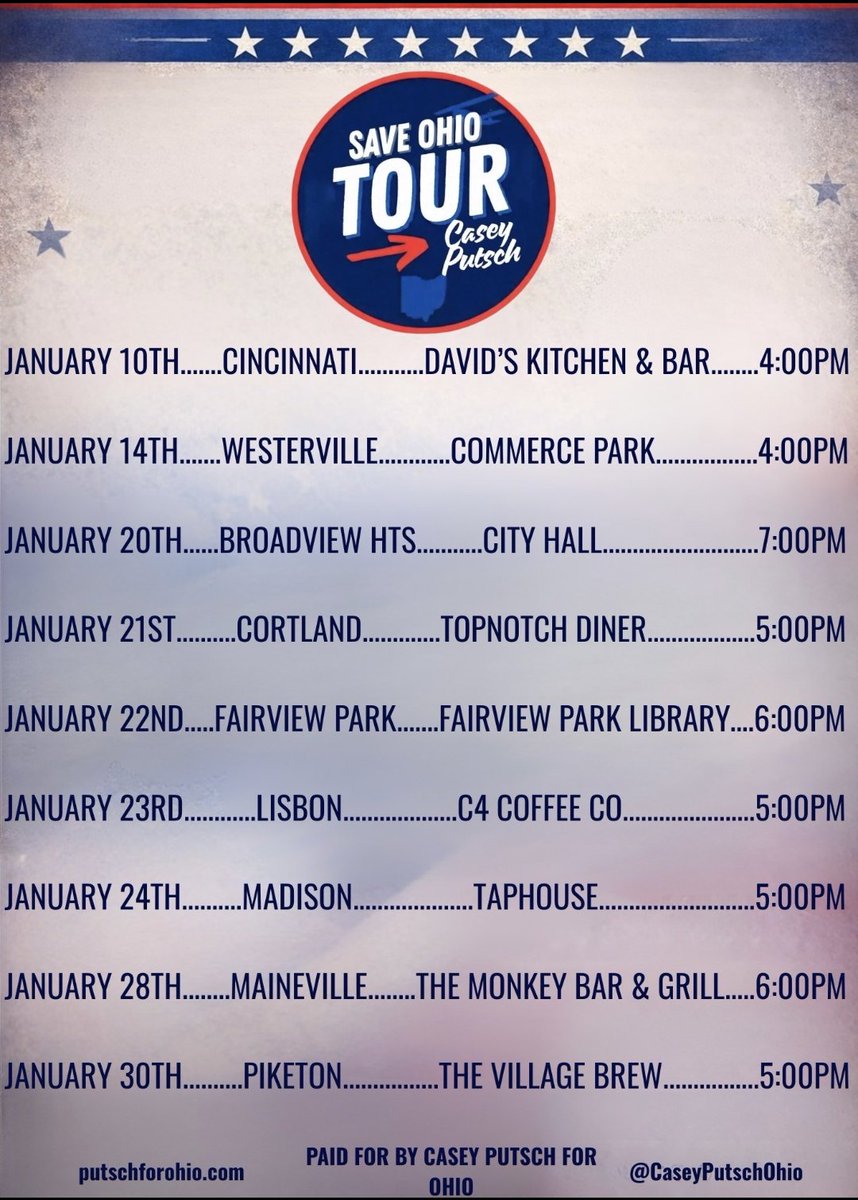 🚨 SAVE THE DATES

Join Casey Putsch at his upcoming SAVE OHIO TOUR events throughout Ohio - let's pack the house, build our unstoppable team and support, and share this victory! Let's make history together! 

Donate 🇺🇸 secure.winred.com/casey-putsch-f…

#TeamPutsch #PutschForOhio