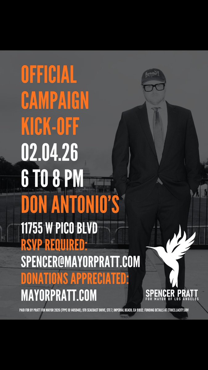 spencerpratt's tweet image. Let’s gooooo! Pratt for Mayor 2026 OFFICIAL CAMPAIGN KICKOFF on Wednesday 2/4 at 6pm - we’re doing it at Don Antonio’s OF COURSE! Please make sure to RSVP because space is limited. Thank you for coming out and supporting the campaign!