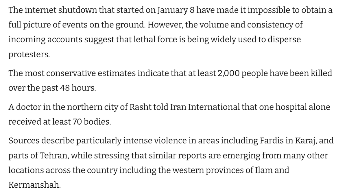 Faytuks's tweet image. BREAKING: The most conservative estimates indicate that at least 2,000 protestors in Iran have been killed over the past 48 hours, according to a new report from Iran International

iranintl.com/en/202601103903