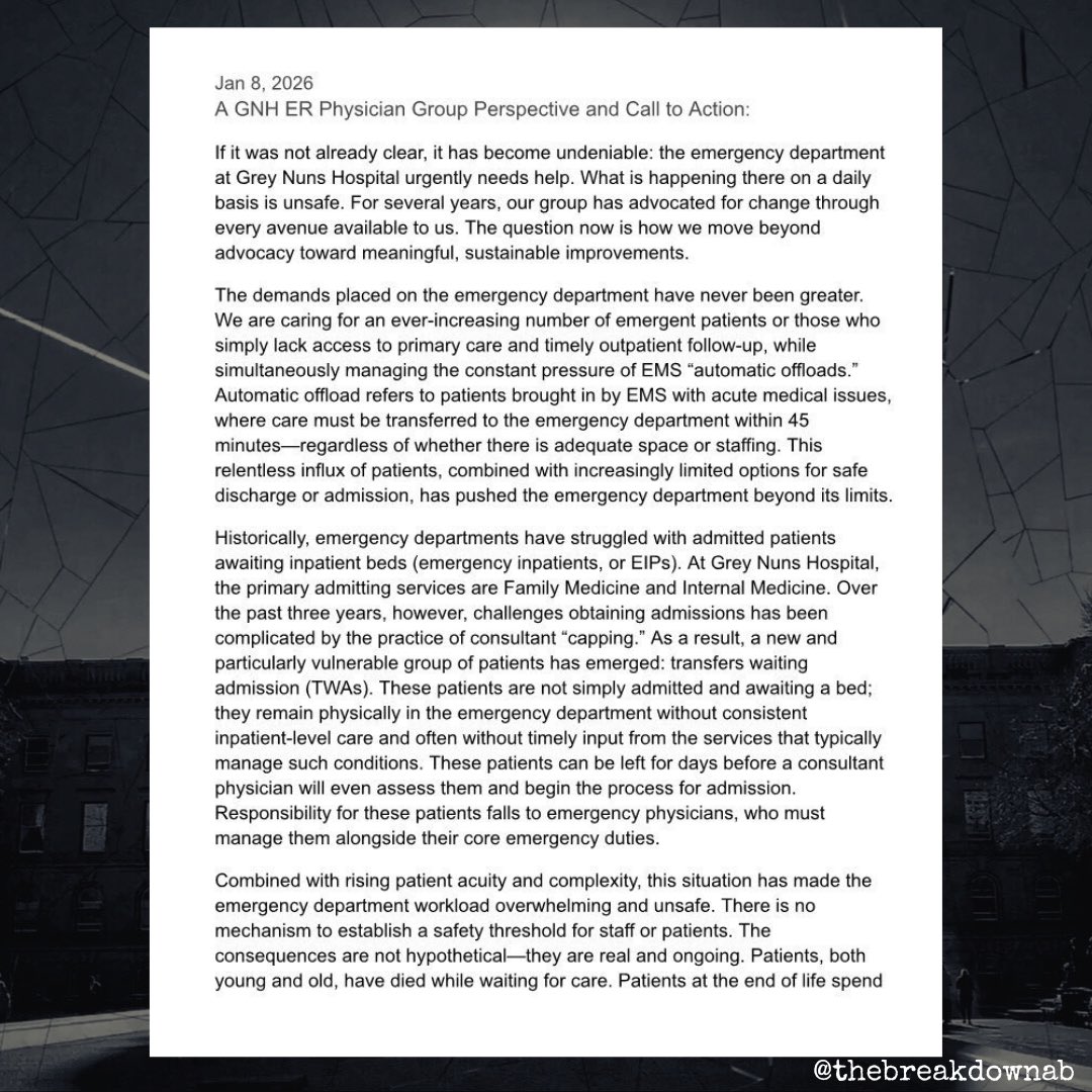 TheBreakdownAB's tweet photo. From the DM’s…
Physicians at Grey Nuns are calling out the practice of limiting admissions (capping) as being a primary driver of the emergency room being overwhelmed to the point where
“standards for quality and safety… are not being met.”
#abpoli #ableg #cdnpoli #abmed https://t.co/EyEe0xCR1b