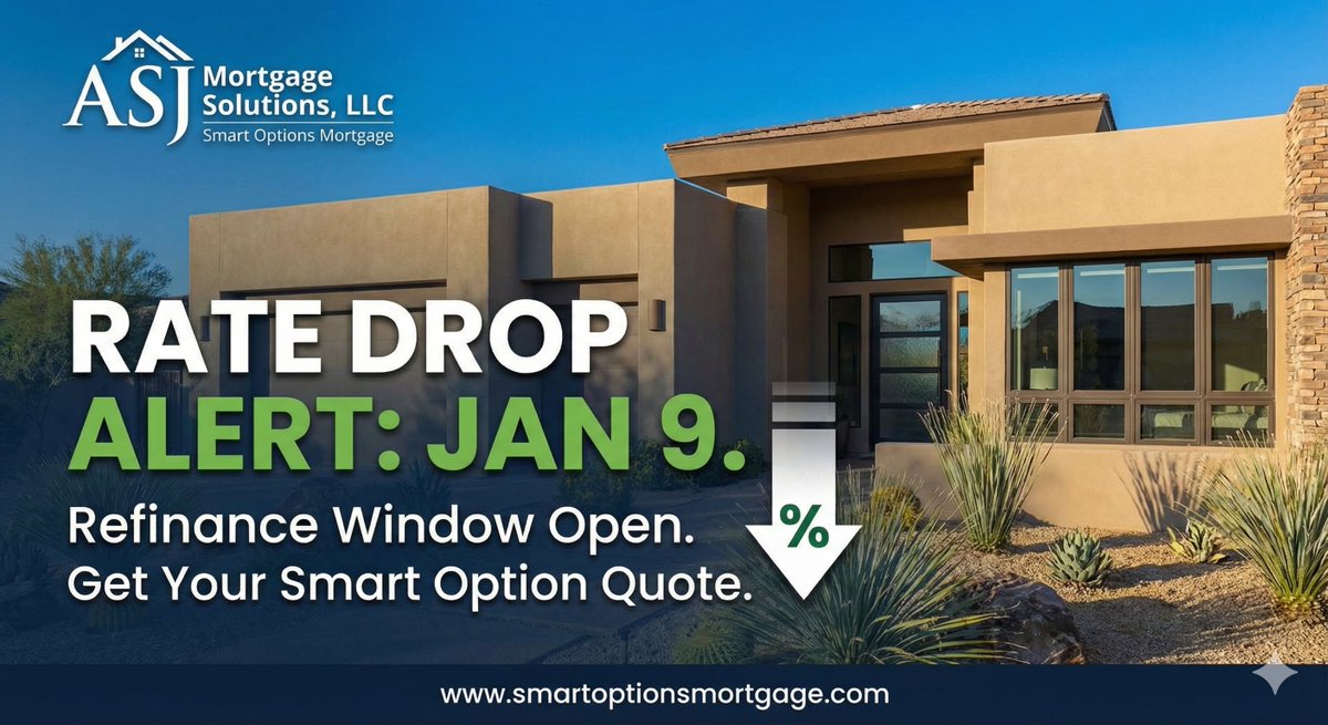 ASJMortgage's tweet photo. 📉 Mortgage refinance rates dipped as of Jan 9, 2026! Phoenix &amp; Arizona homeowners — now’s the time to explore savings 💰 with ASJ Mortgage Solutions. Lower payments? Shorter terms? Let’s talk! 🏠

👉 https://t.co/m1NPr0Twwx #Refinance #PhoenixAZ #HomeLoans https://t.co/jo0OHvZhHl