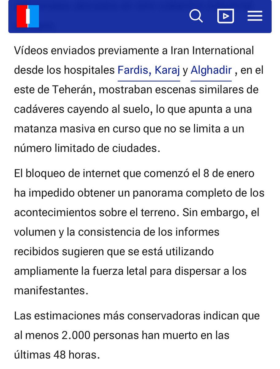 agusantonetti's tweet image. Esto es muy fuerte, de confirmarse estaremos hablando de un verdadero genocidio en Irán, especialmente contra las mujeres.

El medio @IranIntl_En, muy serio en mi opinión, dice que sus estimaciones más conservadoras hablan de al menos 2000 manifestantes asesinados solo en 48hs.