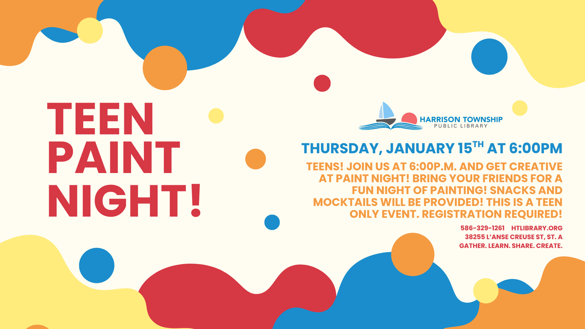 Snacks, mocktails, and canvasses 🖌️💌 Register today and bring a friend to a creative, teens-exclusive paint night! See you on Thursday.