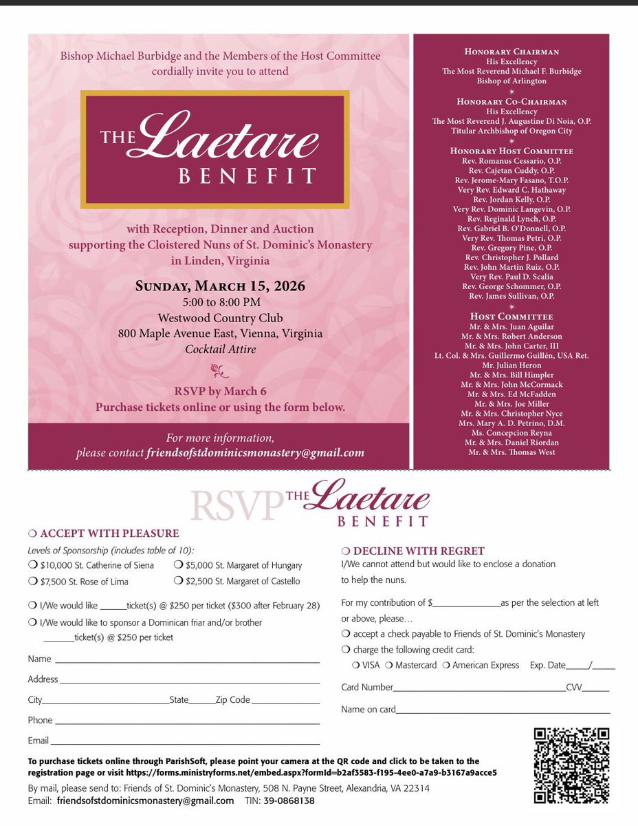 Friendofstdomi1's tweet photo. Dear Friends, 
#LaetareBenefit is almost two months away. This event supports the  Sisters  if St. Dominic’s Monastery in Linden, VA . Please join us  as we gather to celebrate  Laetare Sunday and support our beloved sisters! Thank you and God bless! @PetriOP https://t.co/JXeClZ3uYl