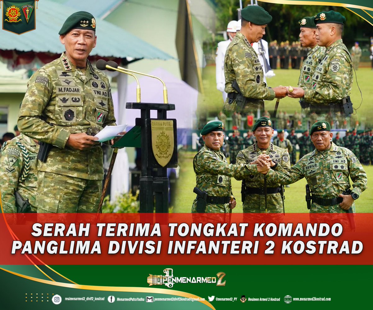 menarmed2_PY's tweet photo. Serah Terima Tongkat Komando Panglima Divisi Infanteri 2 Kostrad

Singosari - Panglima Kostrad Letnan Jenderal TNI Mohammad Fadjar, MPICT. memimpin langsung upacara Serah Terima Jabatan (Sertijab) Pangdivif 2 Kostrad dari Mayjen TNI Susilo kepada Mayjen TNI Primadi Saiful Sulun. https://t.co/A5jMCHi1vv
