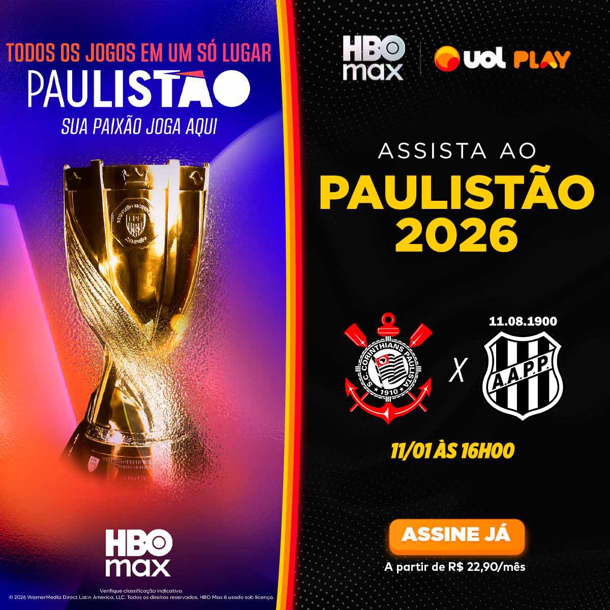 🚨 | Corinthians e Ponte Preta terá transmissão EXCLUSIVA via HBO Max.

E a melhor forma de ter acesso a HBO Max para assistir o Coringão, é pelo UOL Play!

A partir de R$ 22,90 você garante acesso ao HBO Max para acompanhar os jogos do Timão no Paulistão e diversos outros