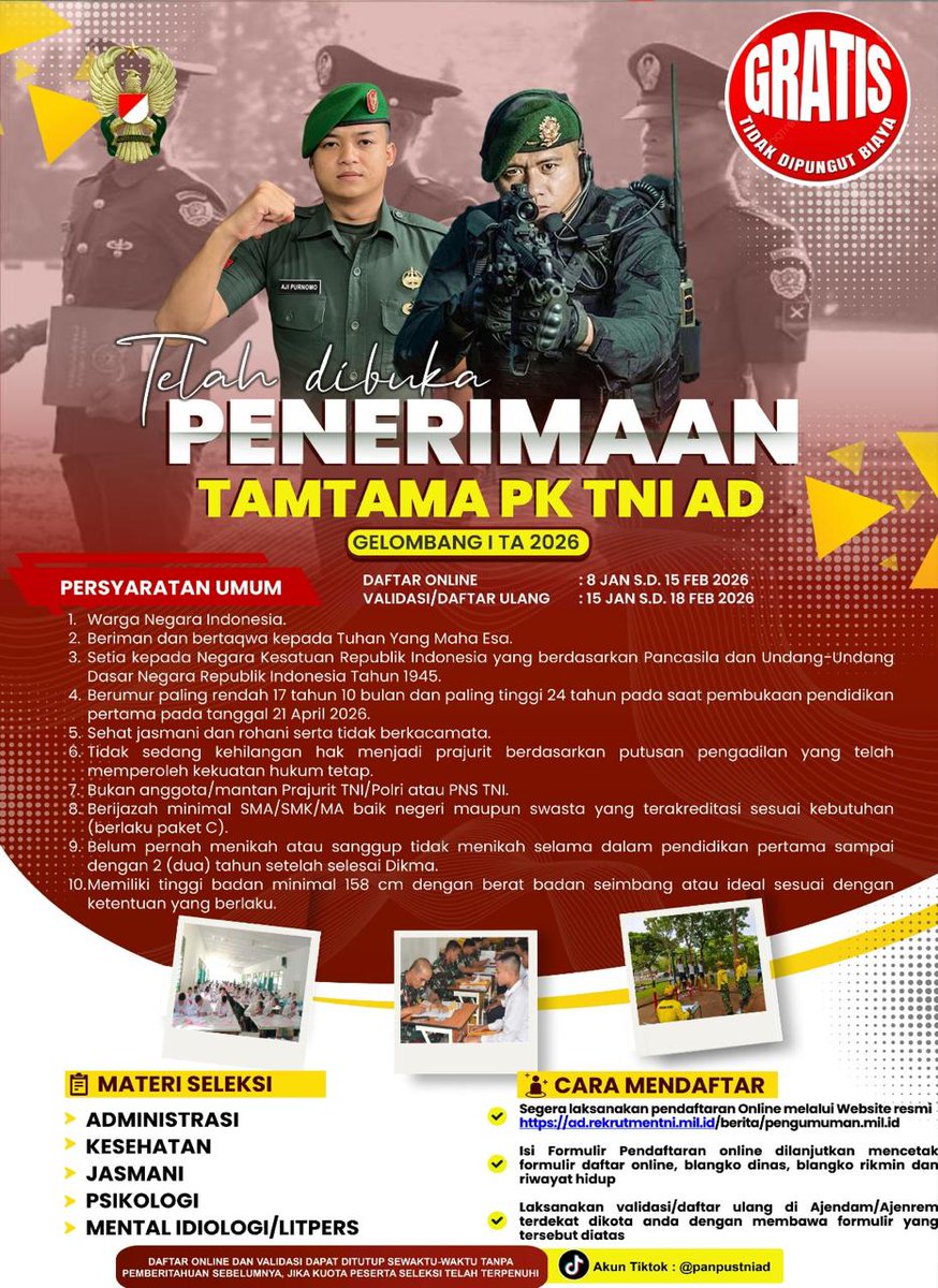 KPolanharjo's tweet photo. Ayo Bergabung! Rekrutmen Tamtama PK TNI AD 2026 Dibuka Gratis.

Penerimaan Calon Prajurit Tamtama PK TNI Angkatan Darat Gelombang I Tahun Anggaran 2026 telah resmi dibuka.

Pendaftaran dilaksanakan secara online dan tidak dipungut biaya (GRATIS). https://t.co/VPApMc7fka