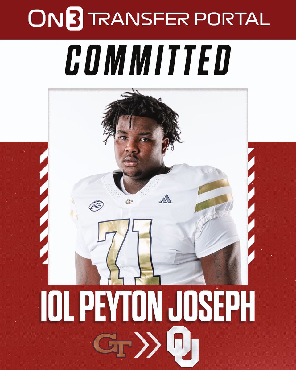 TransferPortal's tweet image. BREAKING: Georgia Tech transfer IOL Peyton Joseph has committed to Oklahoma, @PeteNakos reports⭕️

on3.com/college/oklaho…
