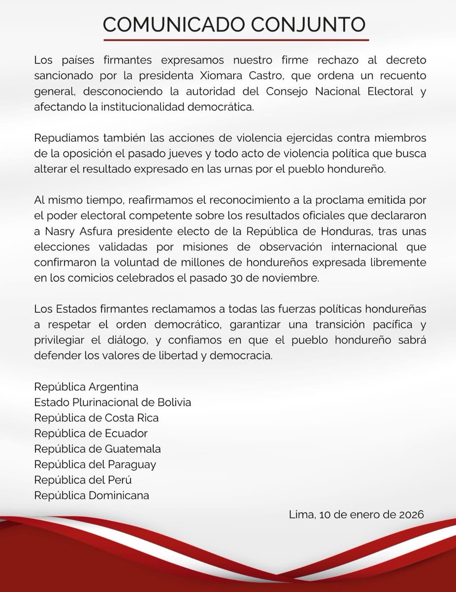 RafaelFontana's tweet image. 🇭🇳 Aliada de Lula tenta dar golpe em Honduras

Em um comunicado conjunto, Argentina, Bolivia, Costa Rica, Equador, Guatemala, Paraguai, Peru e República Dominicana rechaçam a tentativa de Xiomara Castro de anular o resultado das eleições em Honduras, perdidas por seu partido.