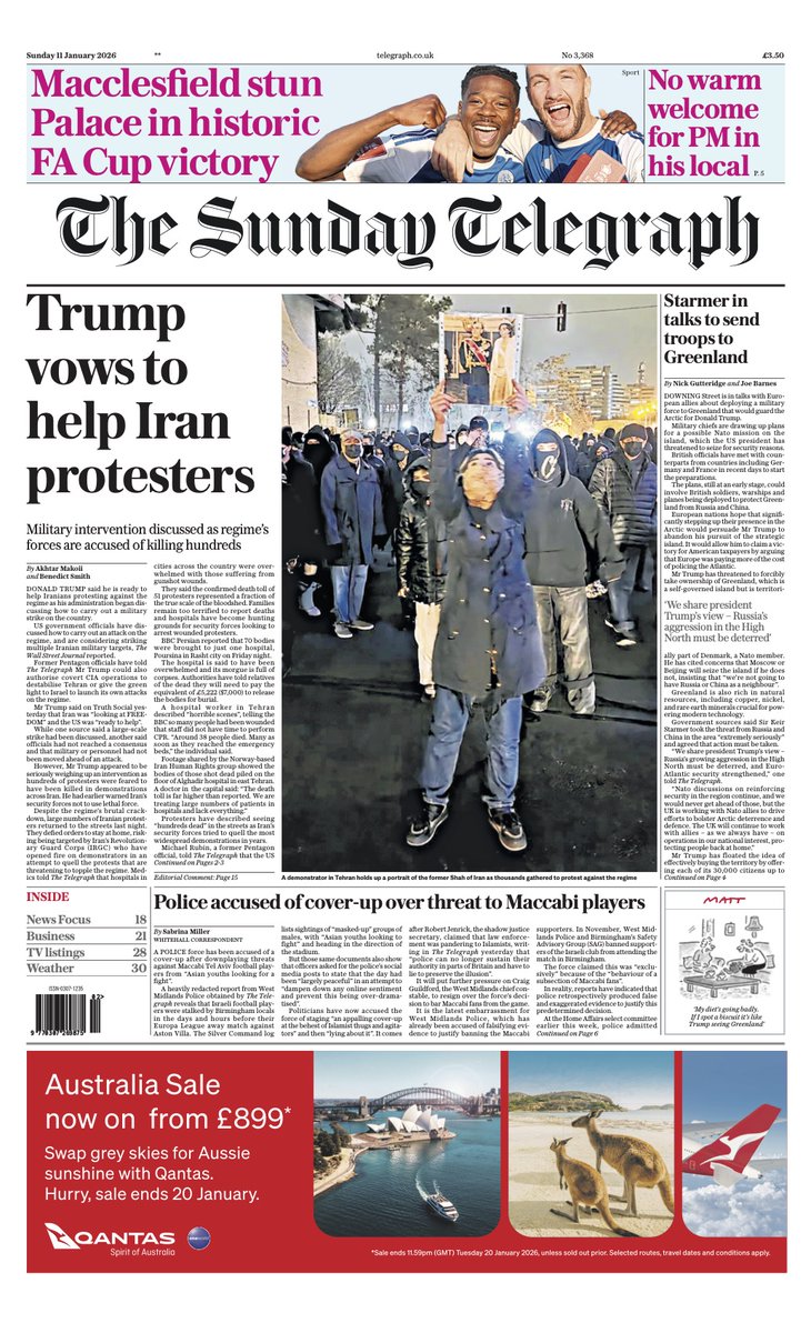 The front page of tomorrow’s Sunday Telegraph:

‘Trump vows to help Iran protesters’

#TomorrowsPapersToday