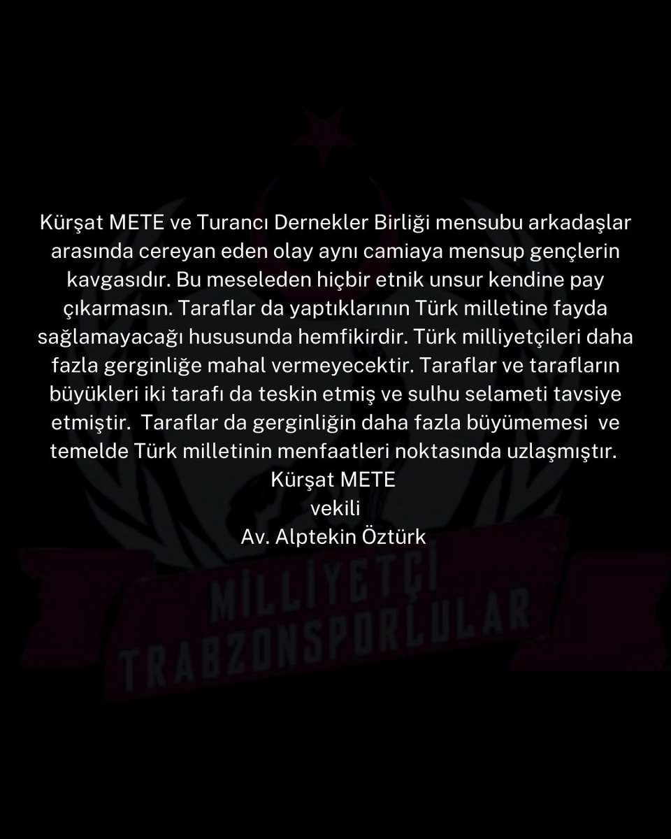 Genel başkanımız Kürşat Mete’nin vekili Alptekin Öztürk’ün açıklaması