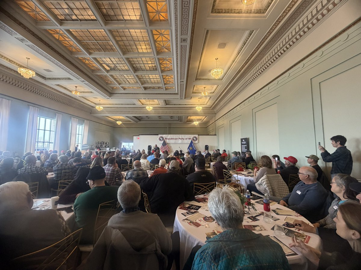 ChristinaEsten9's tweet photo. Packed house at our Northwoods Rally today in the 7th District! 💪🇺🇸

Every single candidate running for office in 2026 in WI showed up — that’s leadership, unity, and commitment to winning. We’re building real momentum across the Northwoods, and it shows.

Huge congratulations to the newly formed parties in Ashland, Bayfield, Douglas, and Iron Counties. The bench is growing, the grassroots are fired up, and the 7th District is ready to lead the way. 
@WisGOP