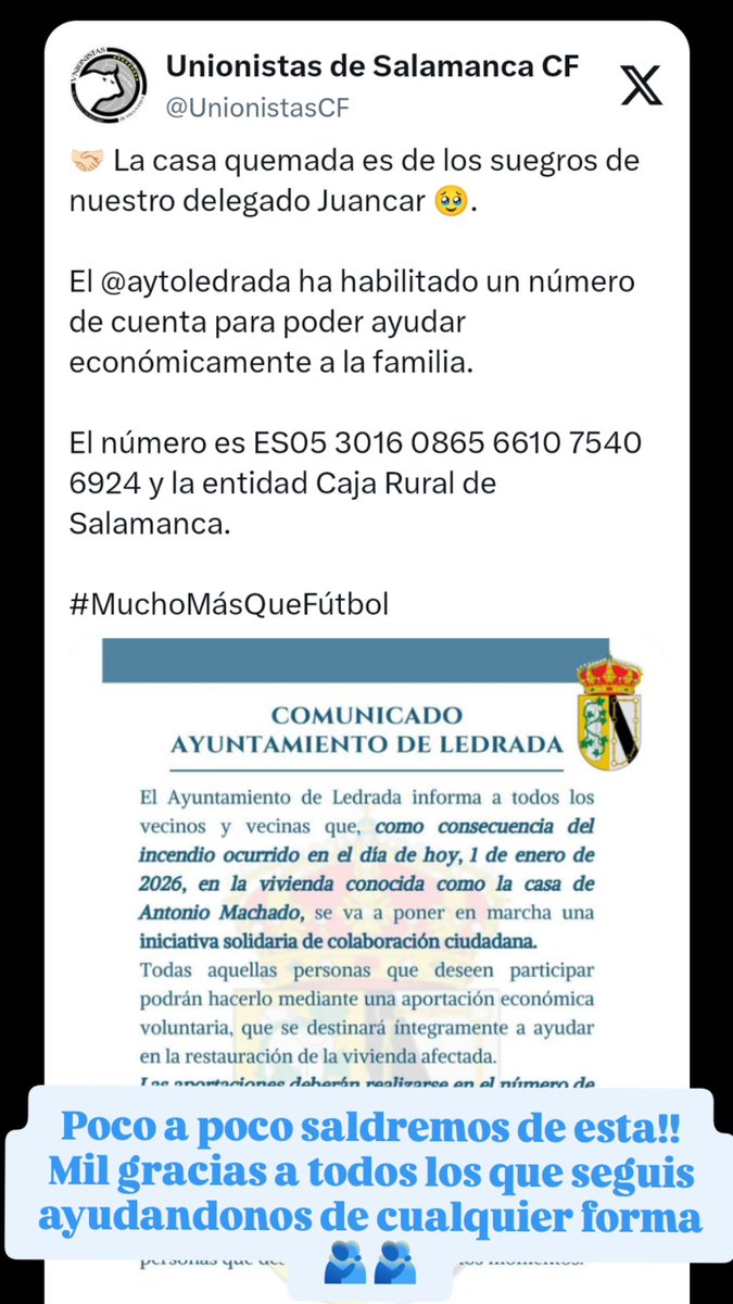 Juankr_20's tweet photo. SEGUIMOS NECESITANDO TU AYUDA!
COMPARTIR HACE QUE LA AYUDA LLEGUE POR MINIMA QUE SEA🙏🏻
POCO A POCO TODO AVANZA Y TODO LLEGARA ESTOY SEGURO PERO CON AYUDA Y SACRIFICIO ESTA TRAGEDIA SOLO QUEDARA EN UN SUSTO QUE RECORDAR.
GRACIAS A TODOS LOS QUE HABEIS AYUDADONDE UNA FORMA U OTRA🫂 https://t.co/IBxQJRRe4m