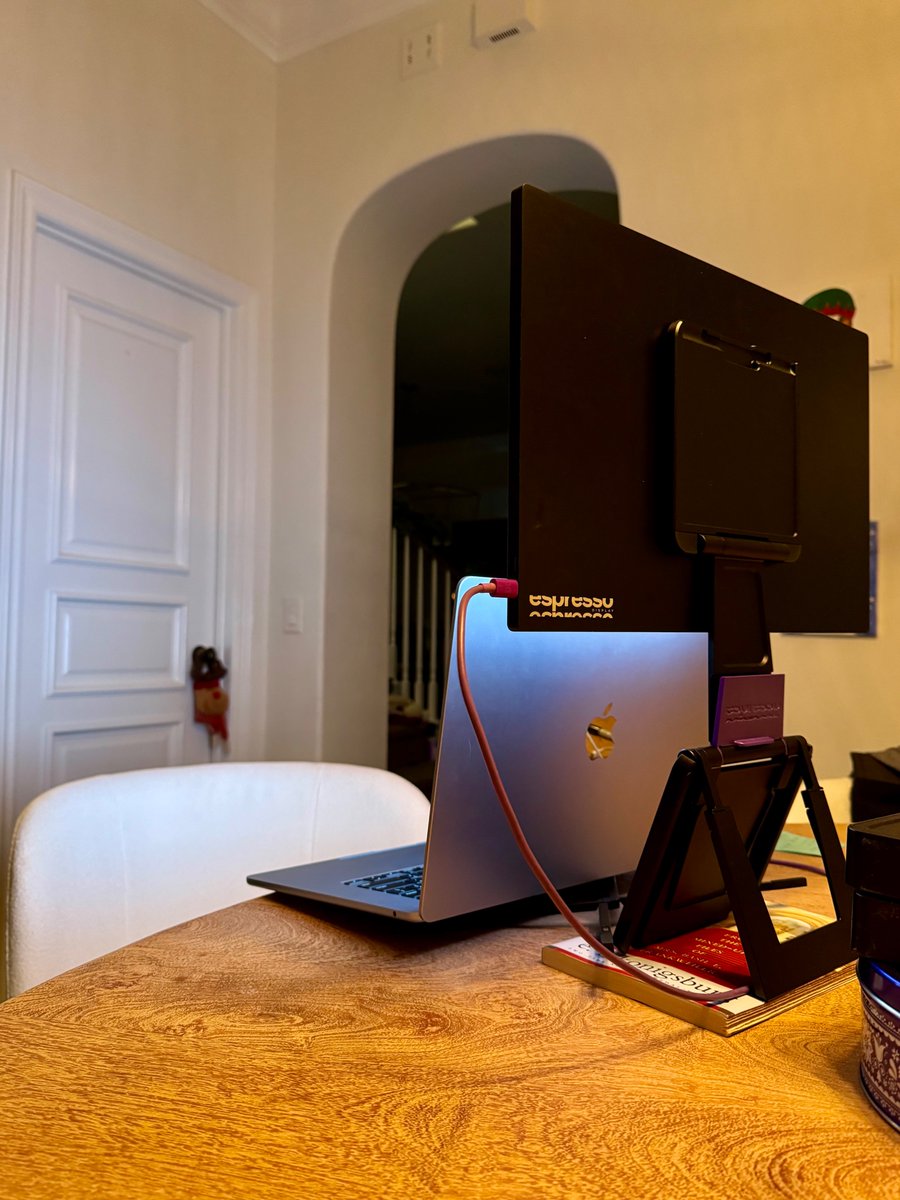 My <a href="/espressodisplay/">espresso Displays</a> setup today. 17" Pro 4K on the Pro Stand+ for stacked productivity. Going to try side-by-side later with the screen mounted in portrait mode. Have some docs to edit!