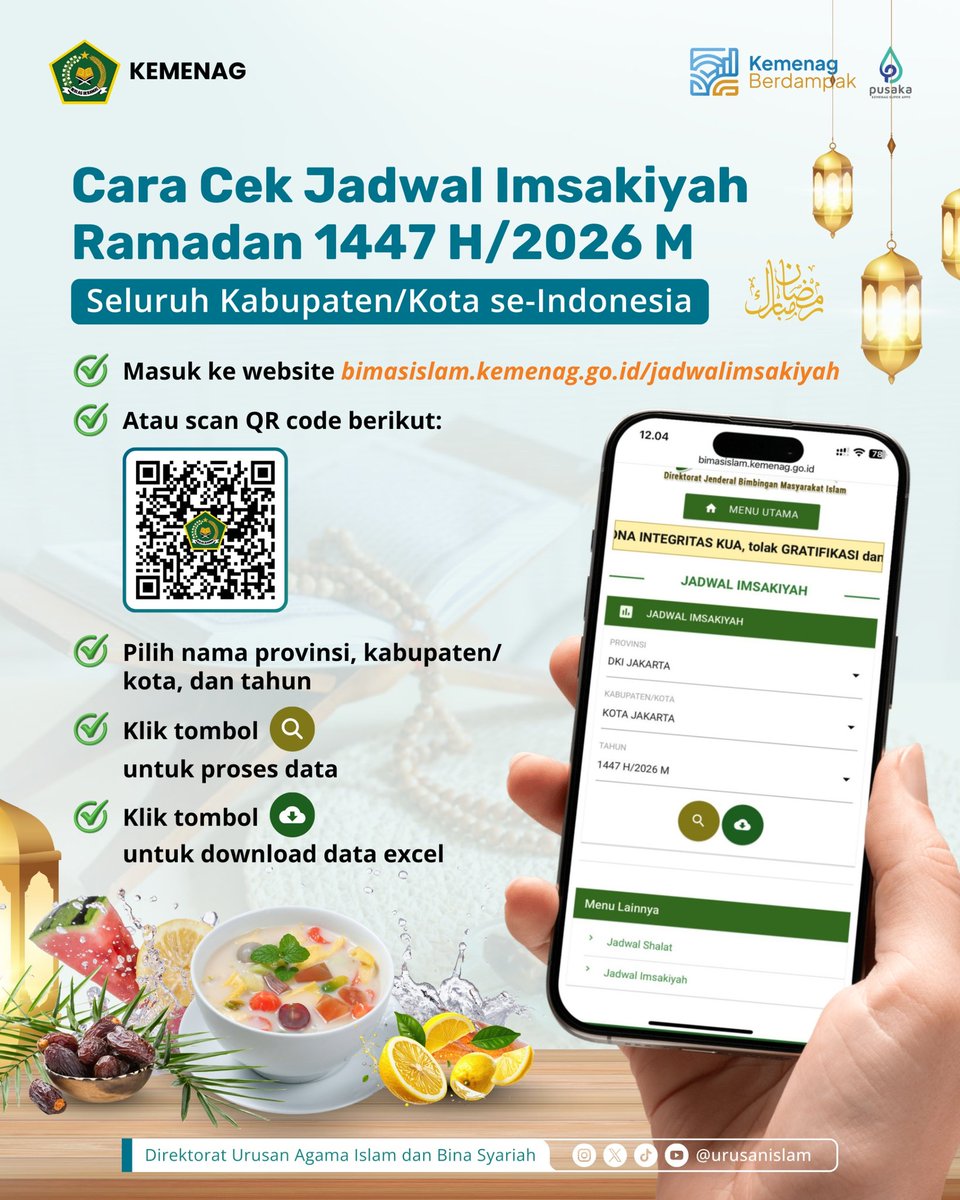 Sobat Religi, Dalam rangka menyambut bulan suci Ramadan 1447 H/ 2026 M, Ditjen Bimas Islam Kementerian Agama telah menyediakan data jadwal Imsakiyah untuk seluruh kabupaten/kota se-Indonesia.
Yuk langsung akses melalui:
🌐 Link: bimasislam.kemenag.go.id/jadwalimsakiyah
Scan QR Code pd gambar