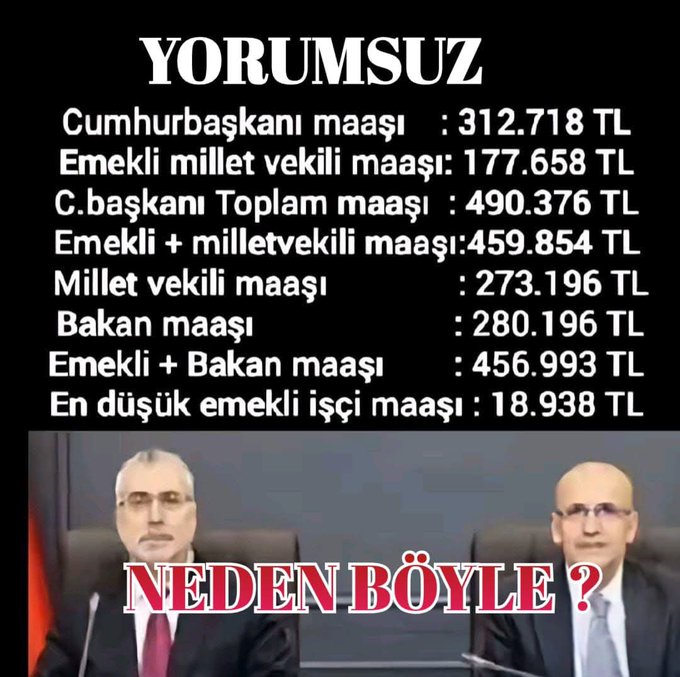 Neden ❓

600 vekil seçiyoruz,

Servet değerinde maaş veriyoruz,

Sülalesine de bakıyoruz,

Sosyal imkanları sultanlarda yok,

Birkaç ay el kaldır,indir,

Sonra hep tatil, 

Bir de meslekmiş gibi emekliliği var,

Ölseler bile soyuna bakmak borcumuz. 
Neden❓
#KökMaaşZulmü